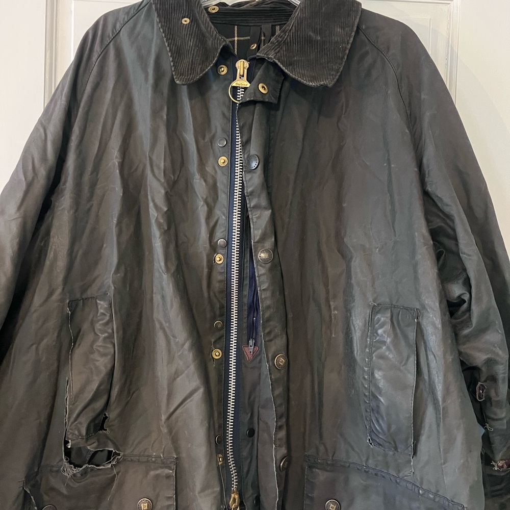 Well-Loved Vintage Barbour Olive Raincoat with Corduroy Collar